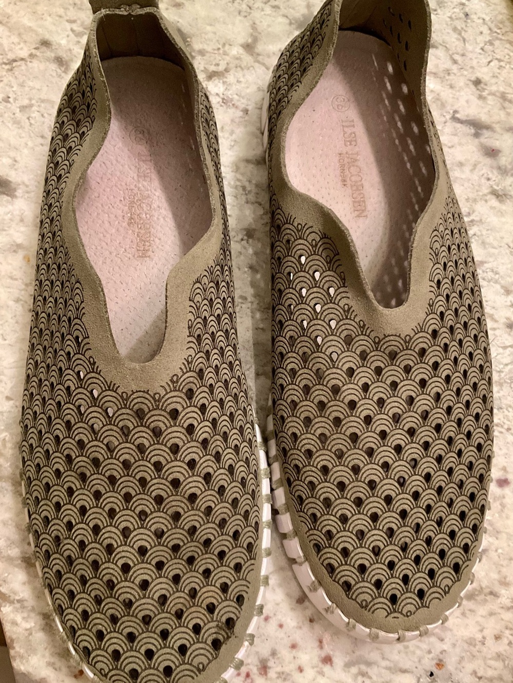 Ilse Jacobsen Olive Green Perforated Slip-Ons